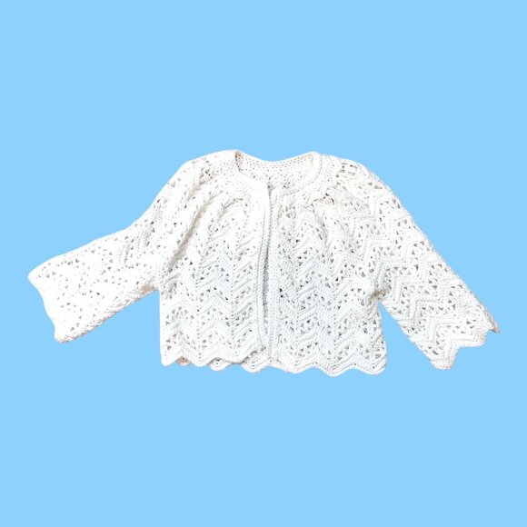 Handmade Crochet Sweater Boho Grandma Core White Lace Zig-Zag 3/4 Sleeve Vintage - Picture 1 of 4